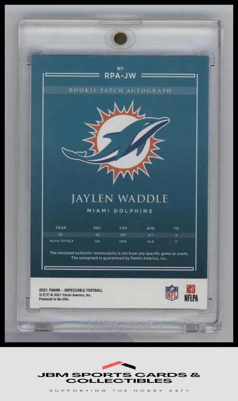 2021 Panini Impeccable #RPA-JW Jaylen Waddle Rookie Patch Autos #/99 view 2