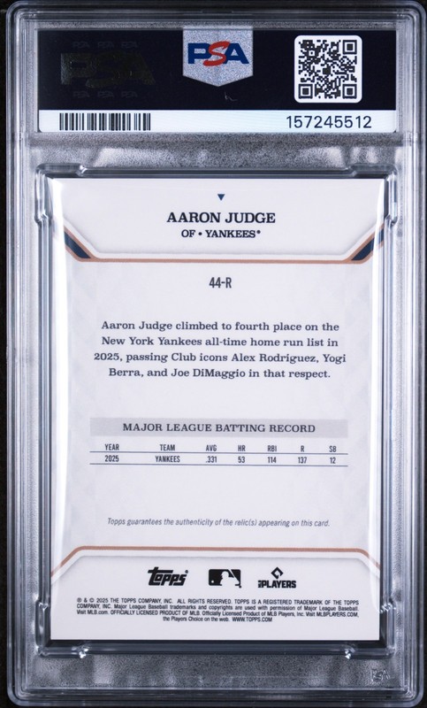 PSA 10 AARON JUDGE /25 ORANGE GAME WORN PATCH YANKEES 2025 TOPPS MVP COLLECTION view 2
