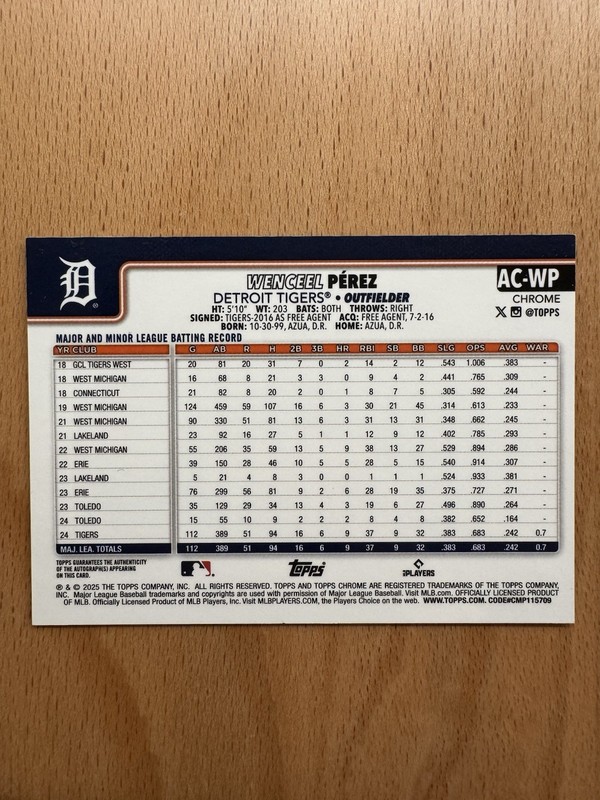 2025 Topps Chrome Wenceel Perez Gold Wave Refractor Auto 50/50 Tigers #AC-WP view 2