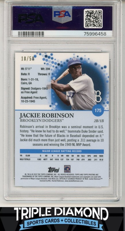 2022 Topps Pristine Jackie Robinson Gold Refractor #18/50 PSA 10 Gem MT D364 view 2