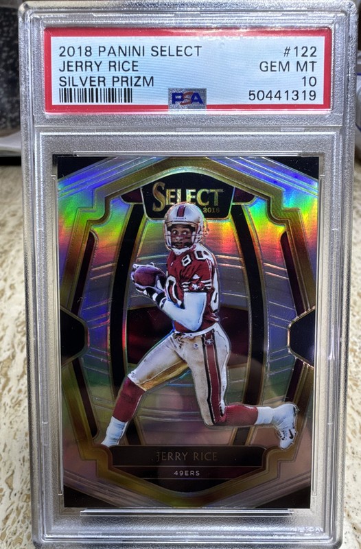 2018 Panini Select - Premier Level Jerry Rice #122 Silver Prizm PSA 10