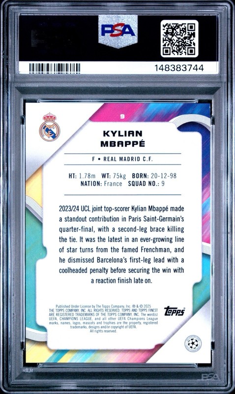 2024-25 Topps Finest UCC Kylian Mbappe #9 Orange Refractor /25 PSA 9 view 2