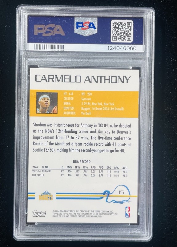 2004-05 TOPPS PRISTINE CARMELO ANTHONY CARD #15 Gem Mint PSA 10 POP 5 view 2