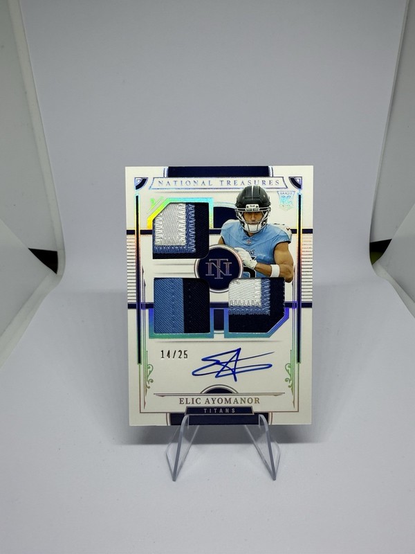 2025 National Treasures Elic Ayomanor Rookie Material Triple RC Patch Auto #/99