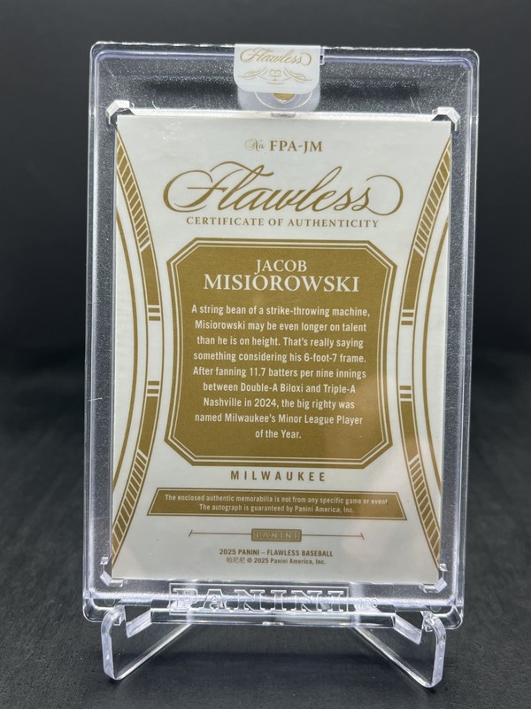 2025 Panini Flawless Jacob Misiorowski Patch Autograph Auto Gold 09/10 #FPA-JM view 2