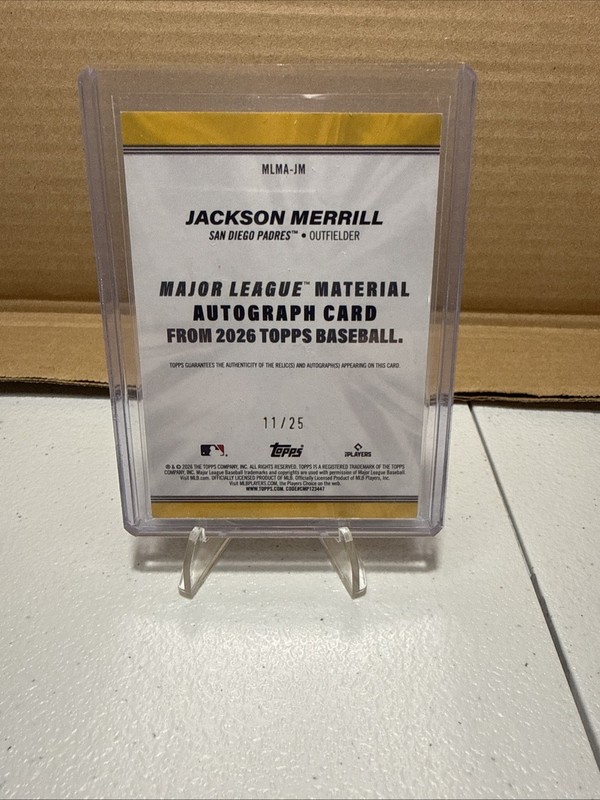 Topps Series 1  Jackson Merrill 2026 Padres Auto Relic Game-Used #MLMA-JM /25 view 2
