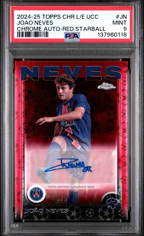 2024-25  Chrome Joao Neves Logofractor 5/5 RED BOOKEND PSA 9 POP 1 UCL Winner!!