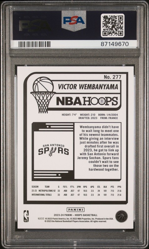 Victor Wembanyama Rookie Card PSA 10 GEM MT MINT 2023 Panini NBA Hoops RC 277 view 2
