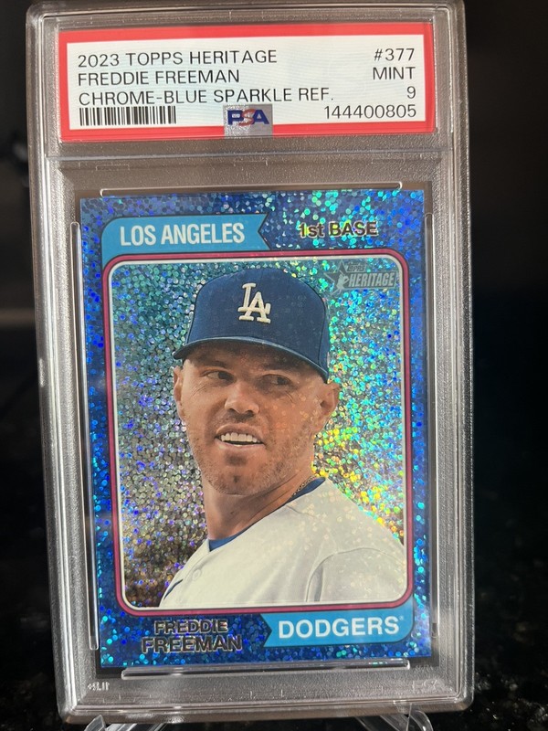 2023 Topps Heritage Freddie Freeman #377 Chrome-Blue Sparkle Refractor PSA 9