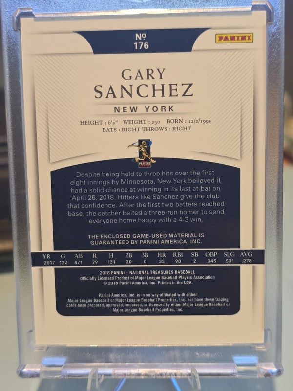 2018 Panini National Treasures Gary Sanchez TRUE 1/1 Game Used Patch Yankees view 2