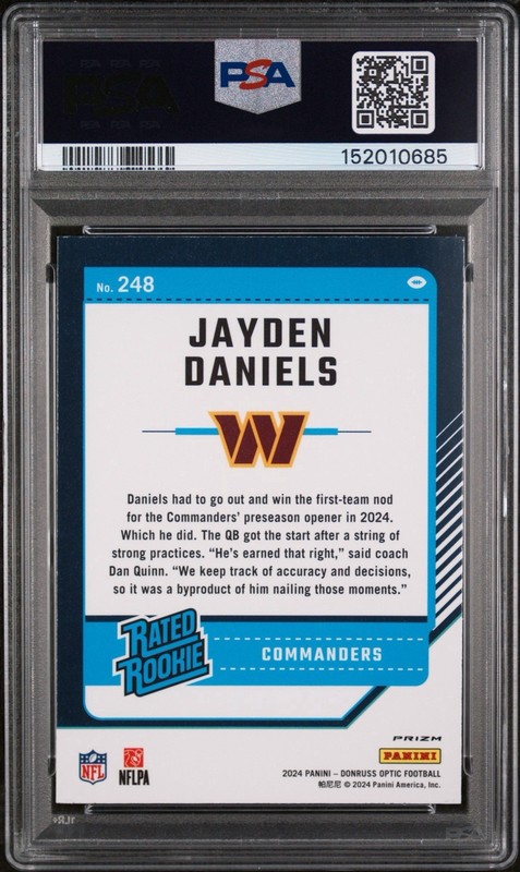2024 Panini Donruss Optic - Rated Rookie Jayden Daniels Blue Hyper #248 PSA 8 view 2