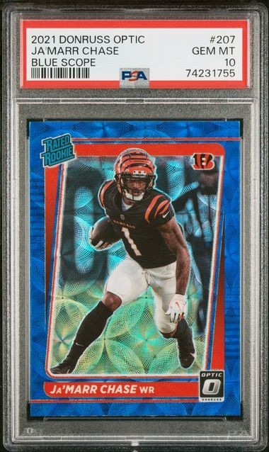 2021 DONRUSS OPTIC JA 'MARR CHASE #207 BLUE SCOPE PRIZM ROOKIE GEM MINT PSA 10