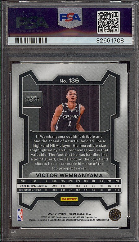 Victor Wembanyama 2023 Prizm #136 PSA 10 GEM MINT Rookie Card Rookie Spurs NBA view 2