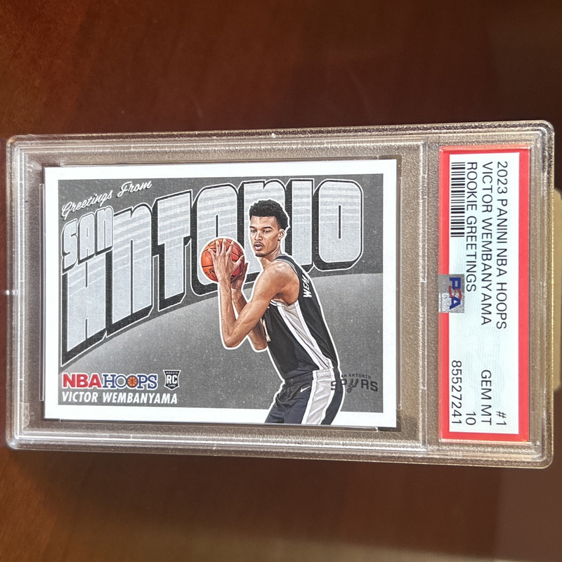 VICTOR WEMBANYAMA ROOKIE 2023 PANINI NBA HOOPS #1 ROOKIE GREETINGS PSA 10 SPURS