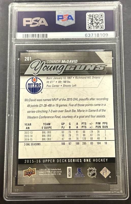2015 Upper Deck Young Guns Connor McDavid #201 PSA 10 view 2