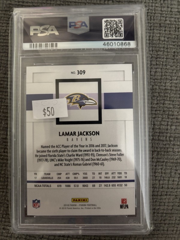 2018 Panini - Rookies Lamar Jackson #309 (RC) PSA 9 view 2