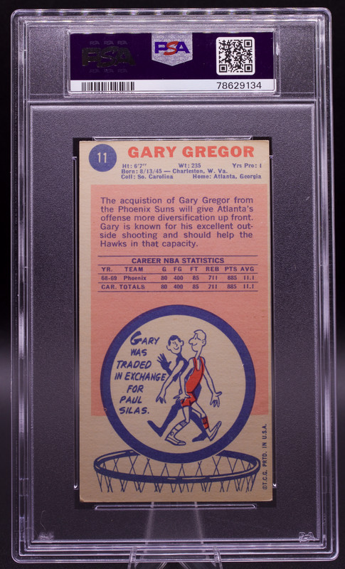 1969 Topps Gary Gregor #11 PSA Authentic AUTO 10 Atlanta Hawks Tallboy RC view 2