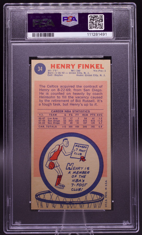 1969 Topps Hank Henry Finkel #34 PSA 5.5 AUTO 10 Signed Boston Celtics Tallboy view 2