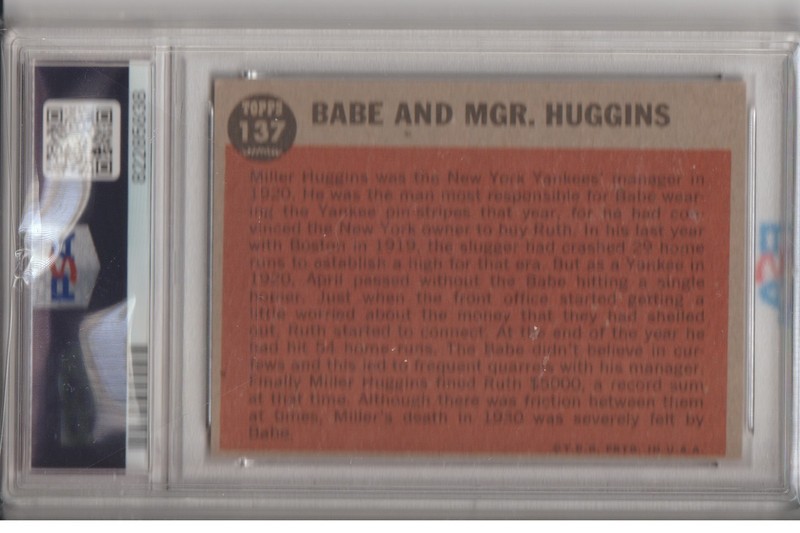 Babe Ruth/Miller Huggins 1962 Topps Green Tint #137 PSA 6 view 2