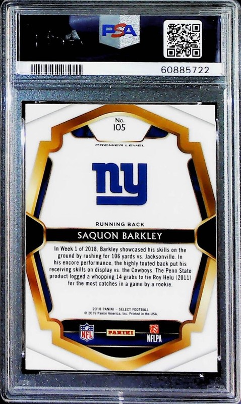 2018 Panini Select Premier Level #105 Saquon Barkley RC Rookie Giants PSA 10 GEM view 2