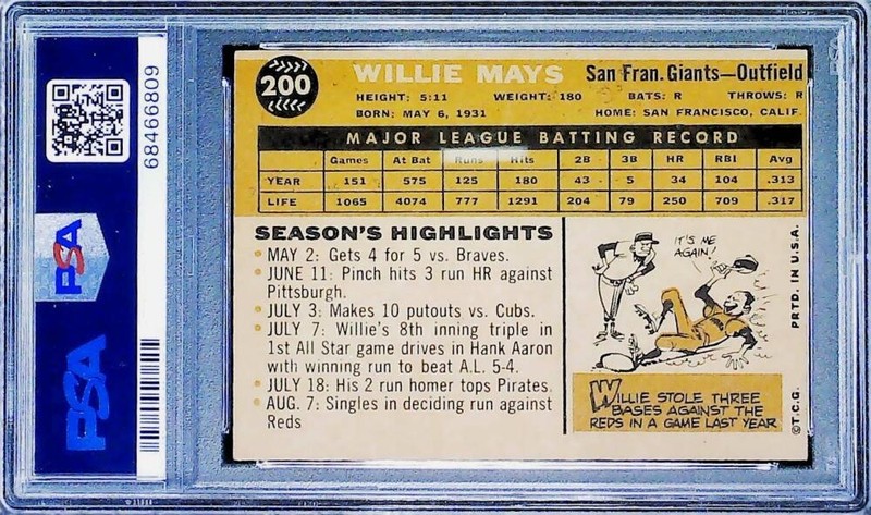1960 Topps #200 Willie Mays San Francisco Giants PSA 4 VG-EX Trading Card view 2