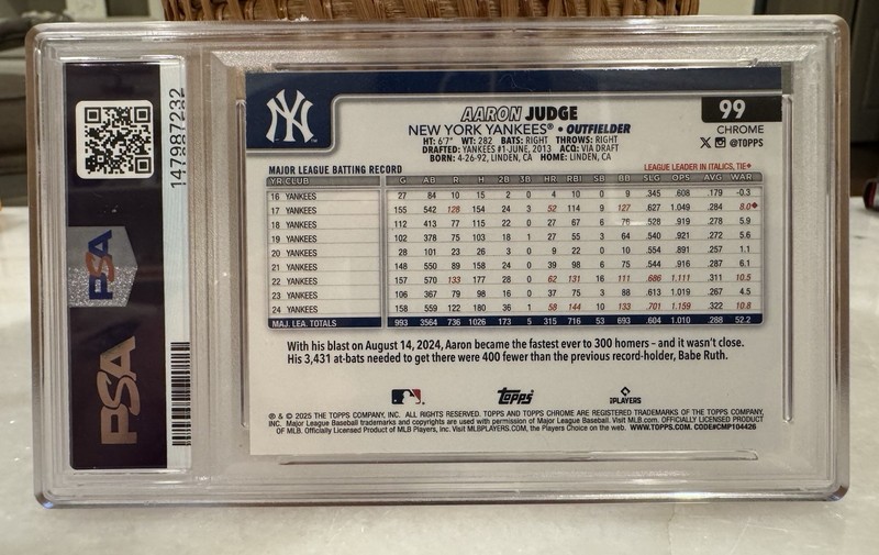 2025 Topps Chrome - Aaron Judge #99 RayWave Refractor PSA 9 view 2