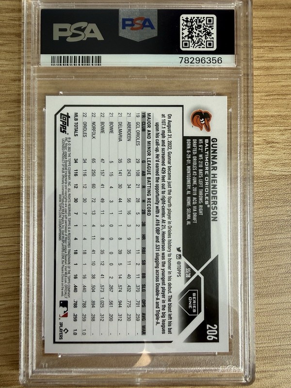 2023 Topps Series 1 - Gunnar Henderson - Orioles #206 (RC) - PSA 10 GEM view 2