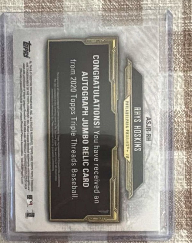 2020 Topps Triple Threads Rhys Hoskins Patch Auto Sapphire #1/10 Phillies view 2