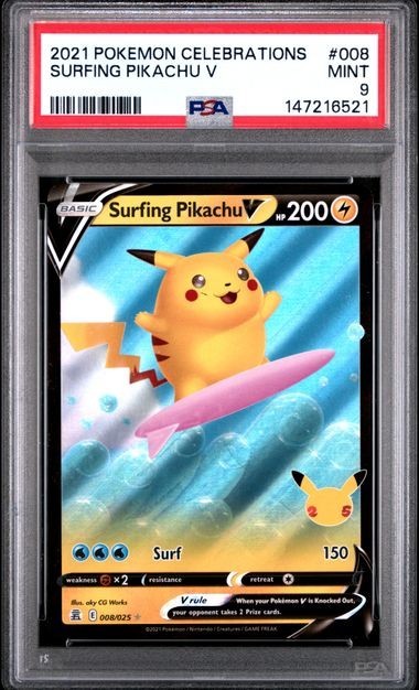 PSA 9 Mint Surfing Pikachu V #008 Celebrations Holo Pokemon TCG