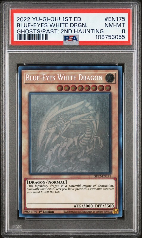 2022 Yugioh GFP2-EN175 Blue-Eyes White Dragon Ghost Rare 1st Edition PSA 8