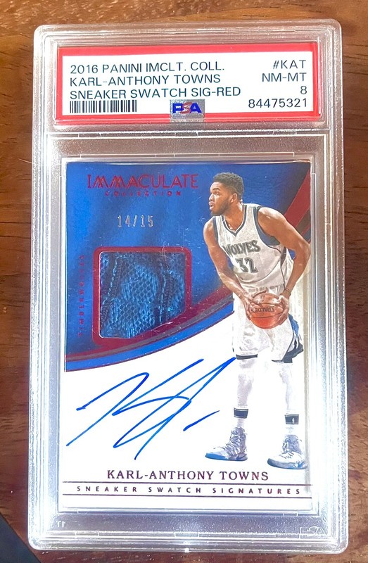16-17 POP 1 Panini Immac Karl-Anthony Towns Sneaker Swatch RED On Card Auto /15
