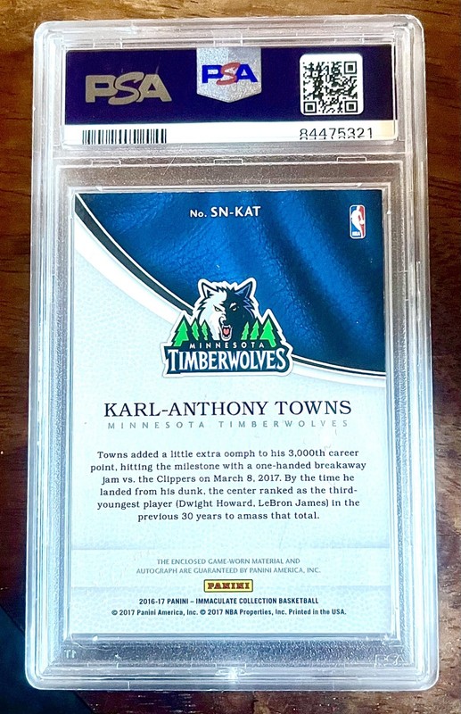 16-17 POP 1 Panini Immac Karl-Anthony Towns Sneaker Swatch RED On Card Auto /15 view 2