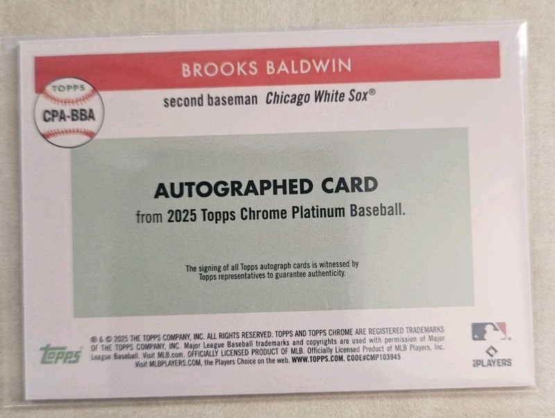 Topps 2025 Chrome Platinum Brooks Baldwin White Sox Rookie Gold Auto CPA-BBA /50 view 2