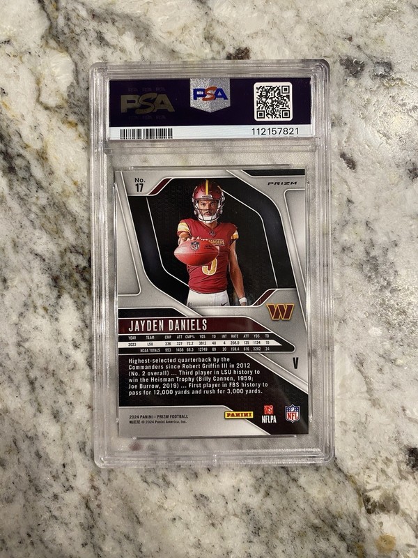Jayden Daniels 2024 Panini Prizm Rookie Variation No Huddle Prizm #17 PSA 9 RC view 2