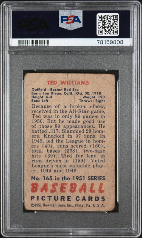 1951 BOWMAN #165 TED WILLIAMS PSA 1(MK) view 2