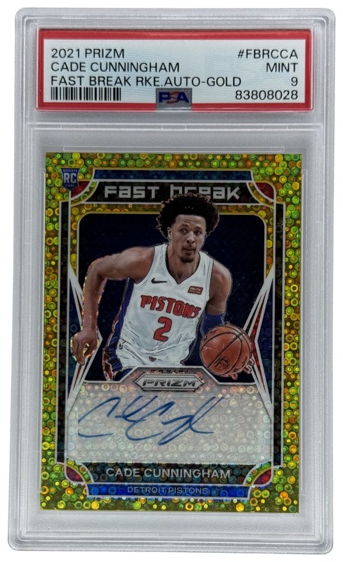 2021 Panini Cade Cunningham #FBRCCA Fast Break Gold Prizm RC Auto 2/10 PSA 9