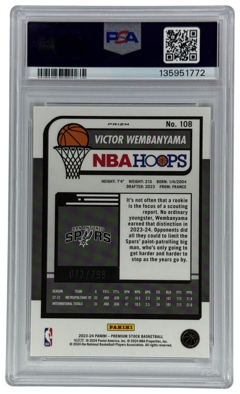 2023 Panini NBA Hoops Premium Stock Victor Wembanyama #108 Orange /299 RC PSA 10 view 2