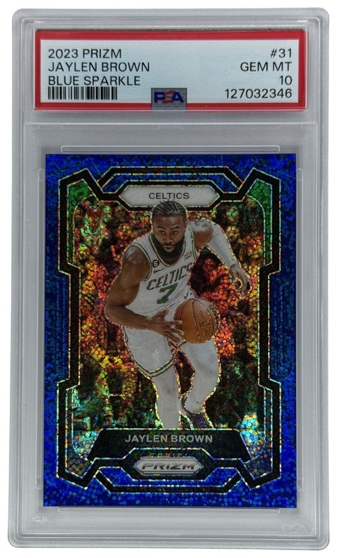 2023-24 Panini Prizm Jaylen Brown #31 Blue Sparkle Prizm /144 Celtics PSA 10