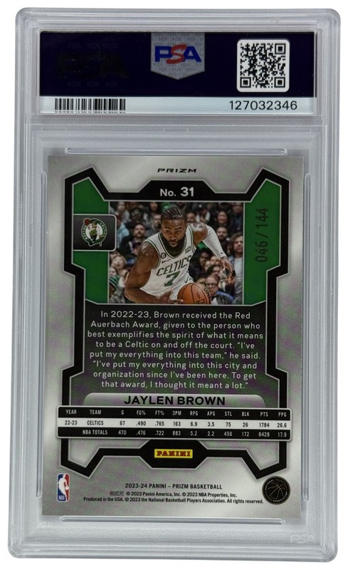 2023-24 Panini Prizm Jaylen Brown #31 Blue Sparkle Prizm /144 Celtics PSA 10 view 2