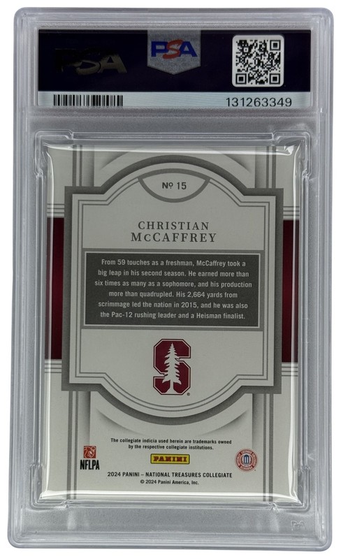 2024 Panini National Treasures Collegiate Christian McCaffrey #15 Red /50 PSA 9 view 2