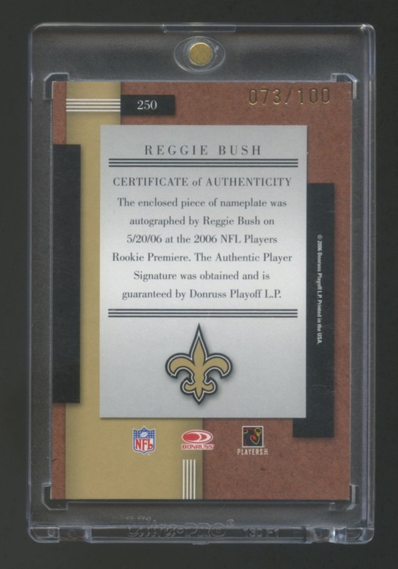 2006 DONRUSS THREADS REGGIE BUSH RC RPA AUTO JUMBO PATCH LOGO LETTER *B*  73/100 view 2