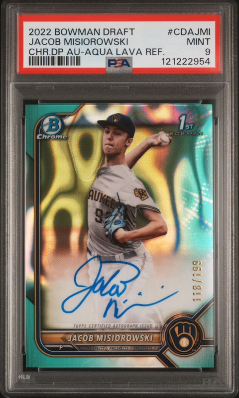 2022 Bowman Draft Chrome Jacob Misiorowski Aqua Lava Refractor Auto /199 PSA 9