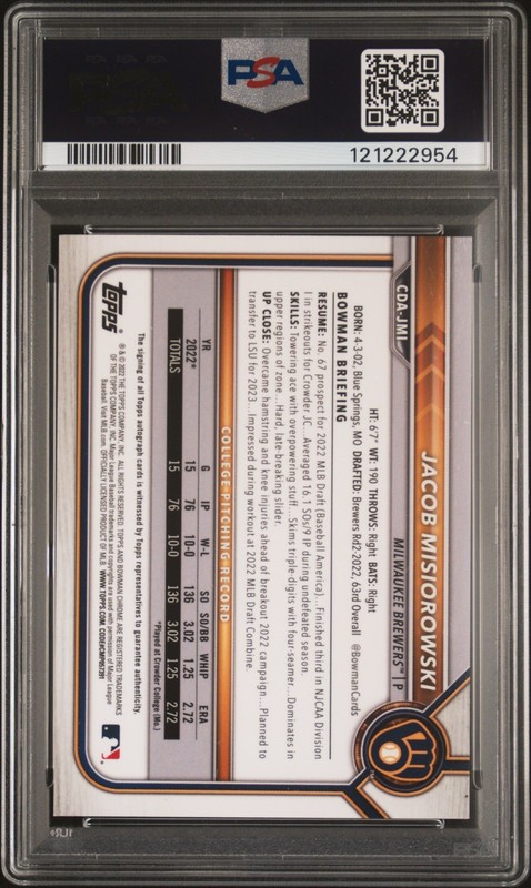 2022 Bowman Draft Chrome Jacob Misiorowski Aqua Lava Refractor Auto /199 PSA 9 view 2