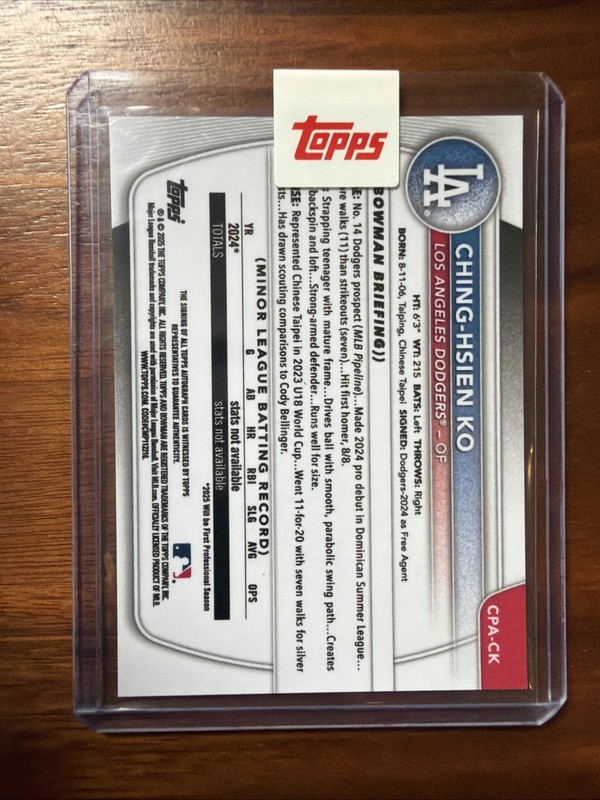 2025 Bowman Chrome Ching-Hsien Ko Auto Gold Refractor 1st Prospect #/50 Dodgers view 2