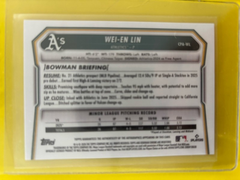 WEI-EN LIN First Bowman Chrome Green Shimmer Auto /99 Athletics 💎 view 2