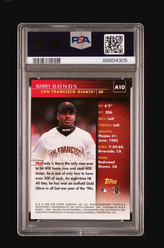1999 Topps Barry Bonds Auto #A10 PSA 8 Mint Baseball Card view 2