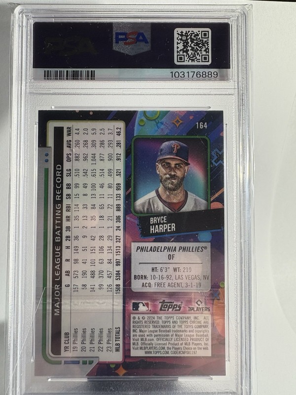 2024 Topps Chrome Cosmic Bryce Harper Nucleus Refractor Phillies #164 PSA 9 view 2
