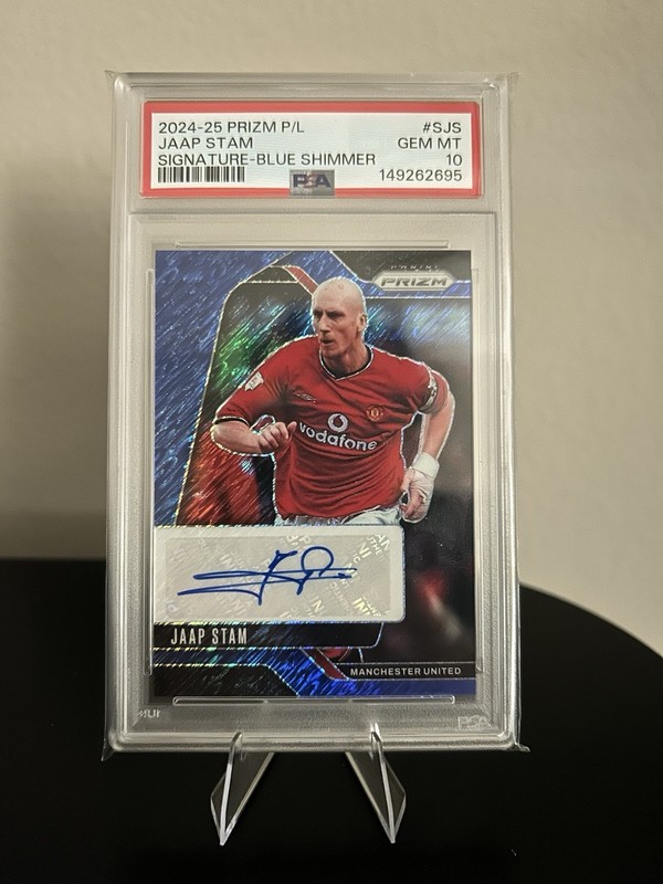 2024-25 Prizm Premier League Signatures Jaap Stam Blue Shimmer Auto PSA 10