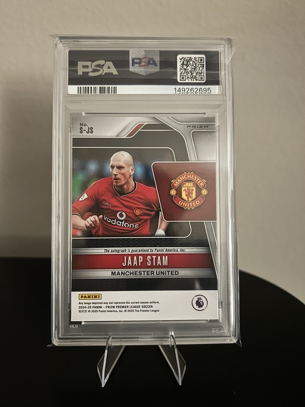 2024-25 Prizm Premier League Signatures Jaap Stam Blue Shimmer Auto PSA 10 view 2