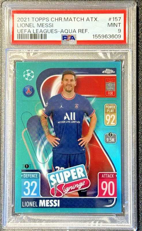 LIONEL MESSI 2021 TOPPS Chrome Match ATX UEFA Aqua Refractor 109/150 - PSA 9